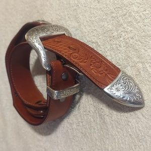 Western Full Grain Leather Tooled Belt Silver Plated Texas Star Concho Size 44